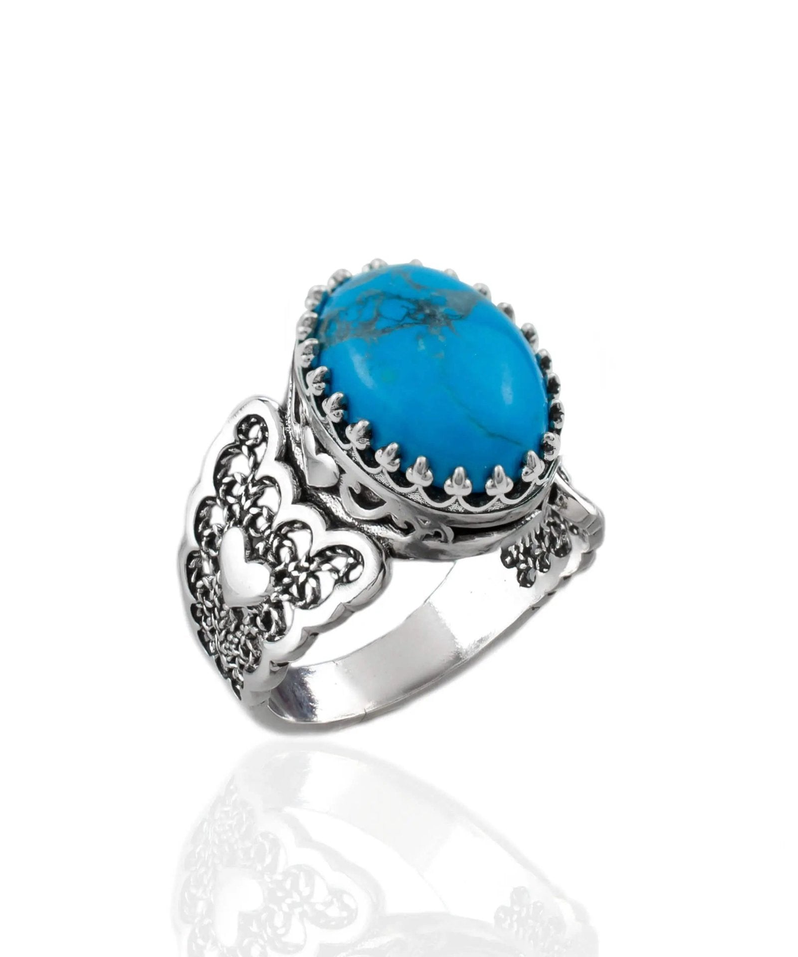 Turquoise Gemstone Double Heart Detailed Filigree Art 925 Sterling Silver Women Statement Ring - Drakoi Marketplace