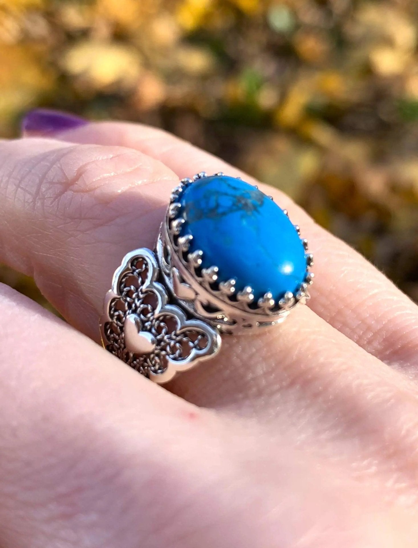 Turquoise Gemstone Double Heart Detailed Filigree Art 925 Sterling Silver Women Statement Ring - Drakoi Marketplace