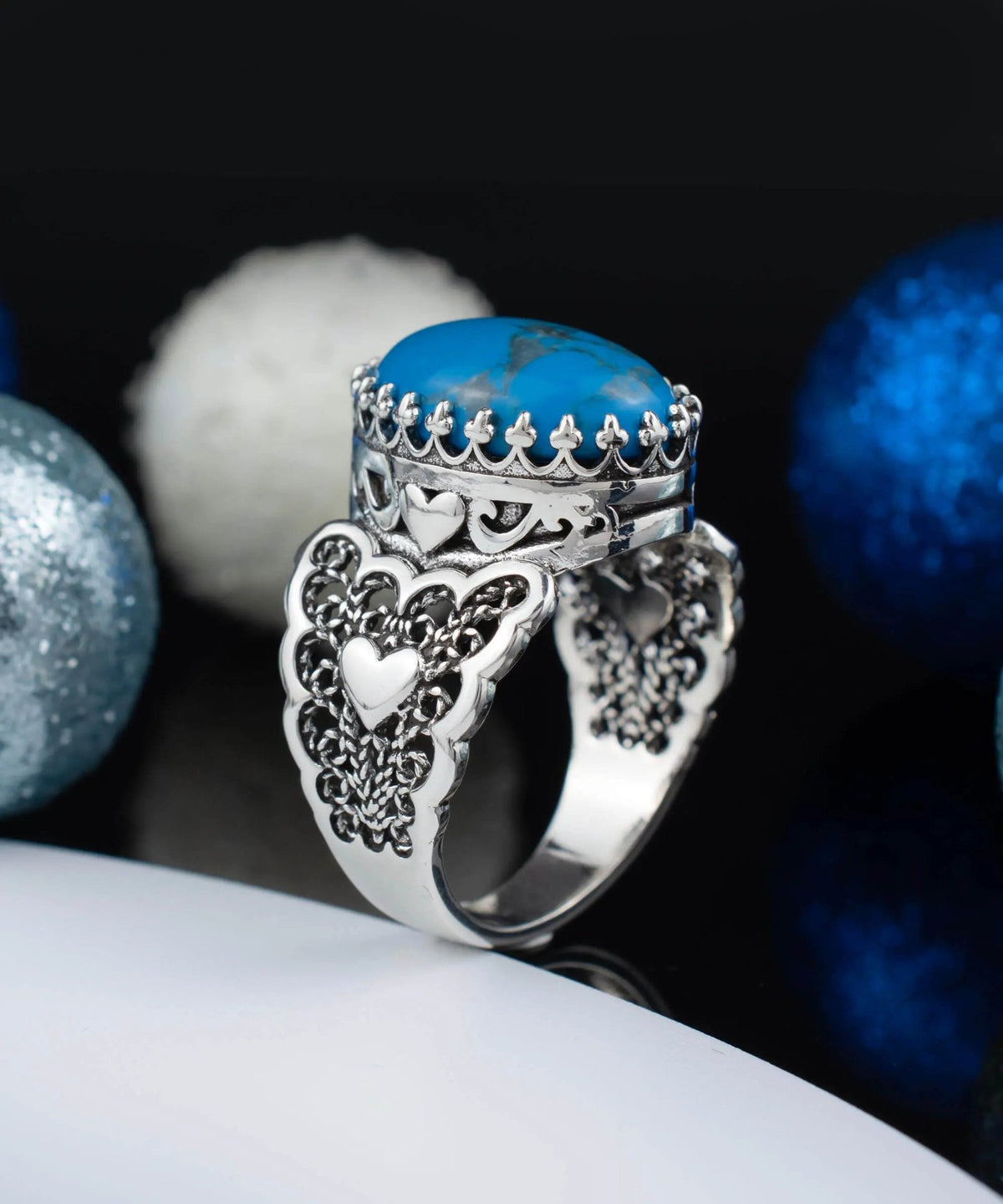 Turquoise Gemstone Double Heart Detailed Filigree Art 925 Sterling Silver Women Statement Ring - Drakoi Marketplace