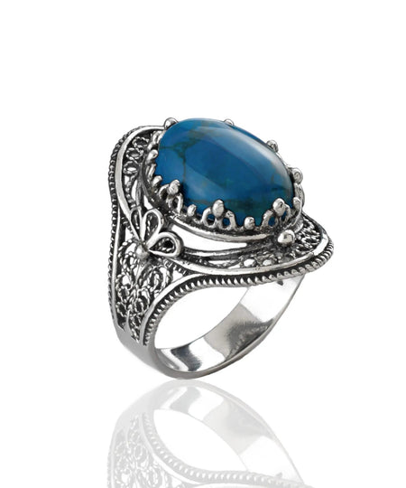 Turquoise Gemstone Filigree Art Woman Silver Statement Ring - Drakoi Marketplace