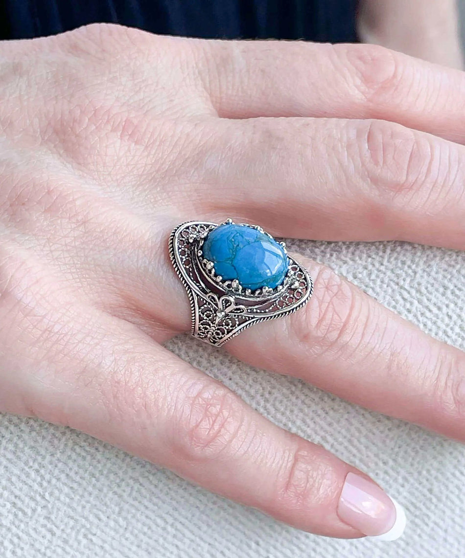 Turquoise Gemstone Filigree Art Woman Silver Statement Ring - Drakoi Marketplace