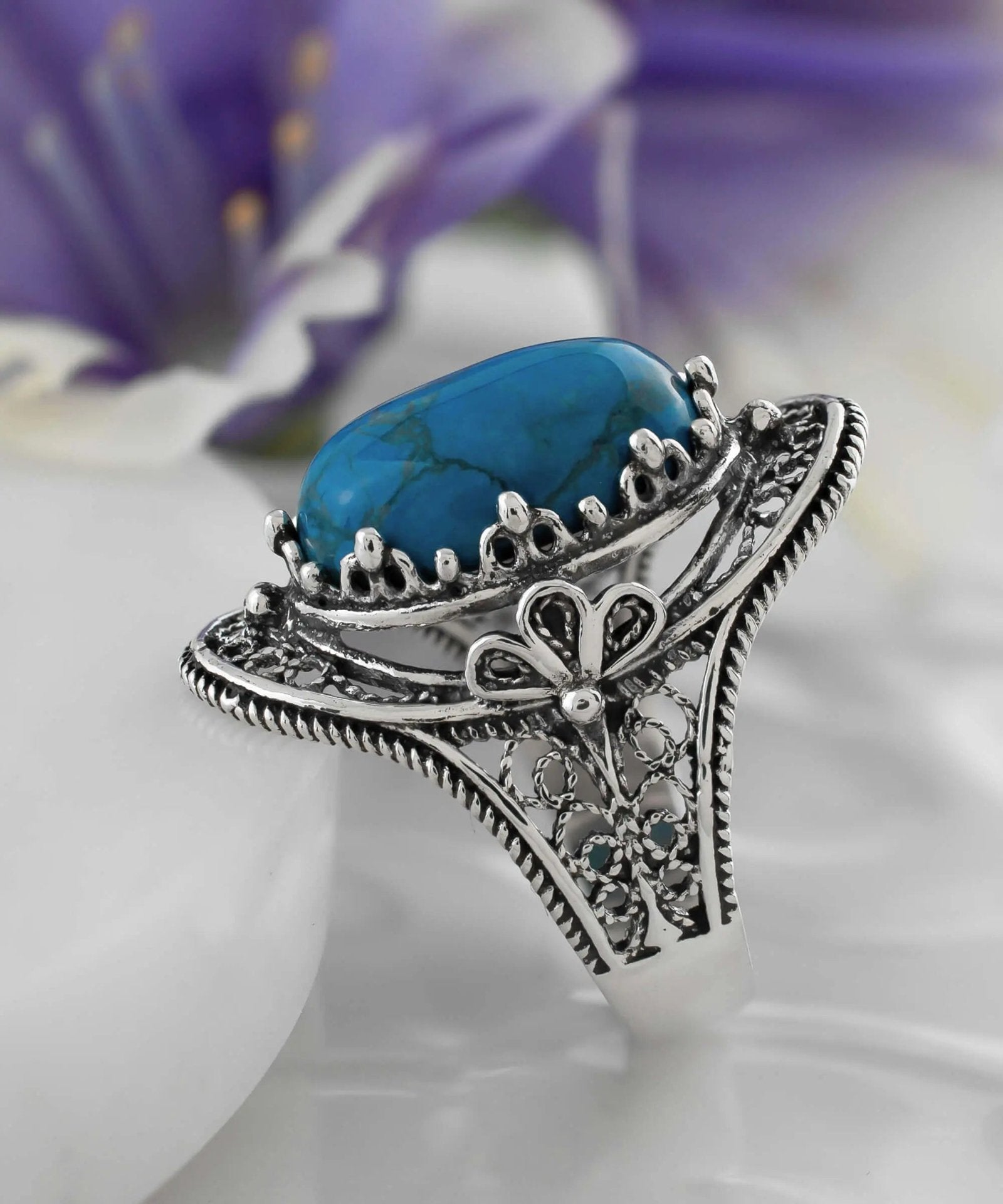 Turquoise Gemstone Filigree Art Woman Silver Statement Ring - Drakoi Marketplace