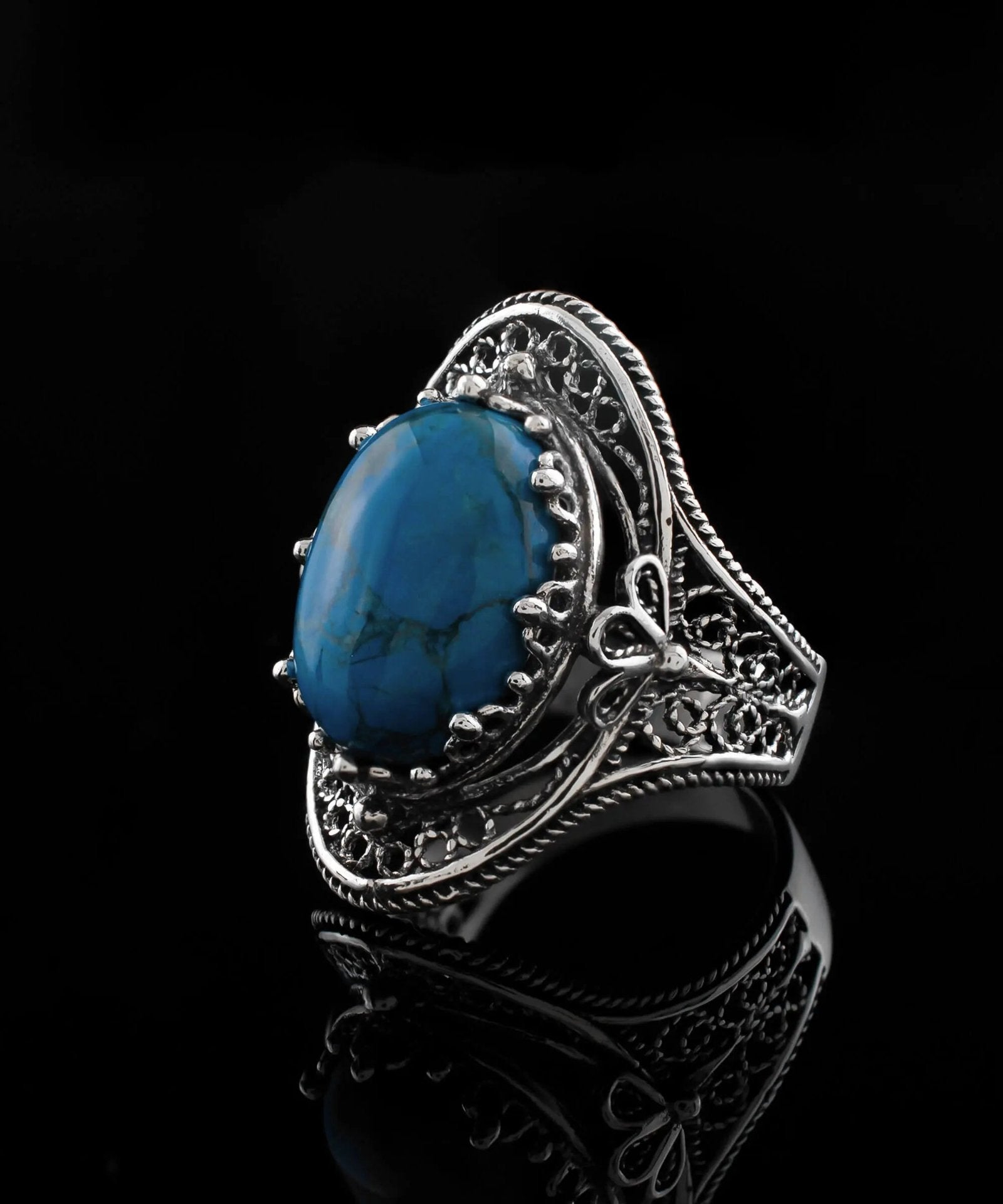 Turquoise Gemstone Filigree Art Woman Silver Statement Ring - Drakoi Marketplace