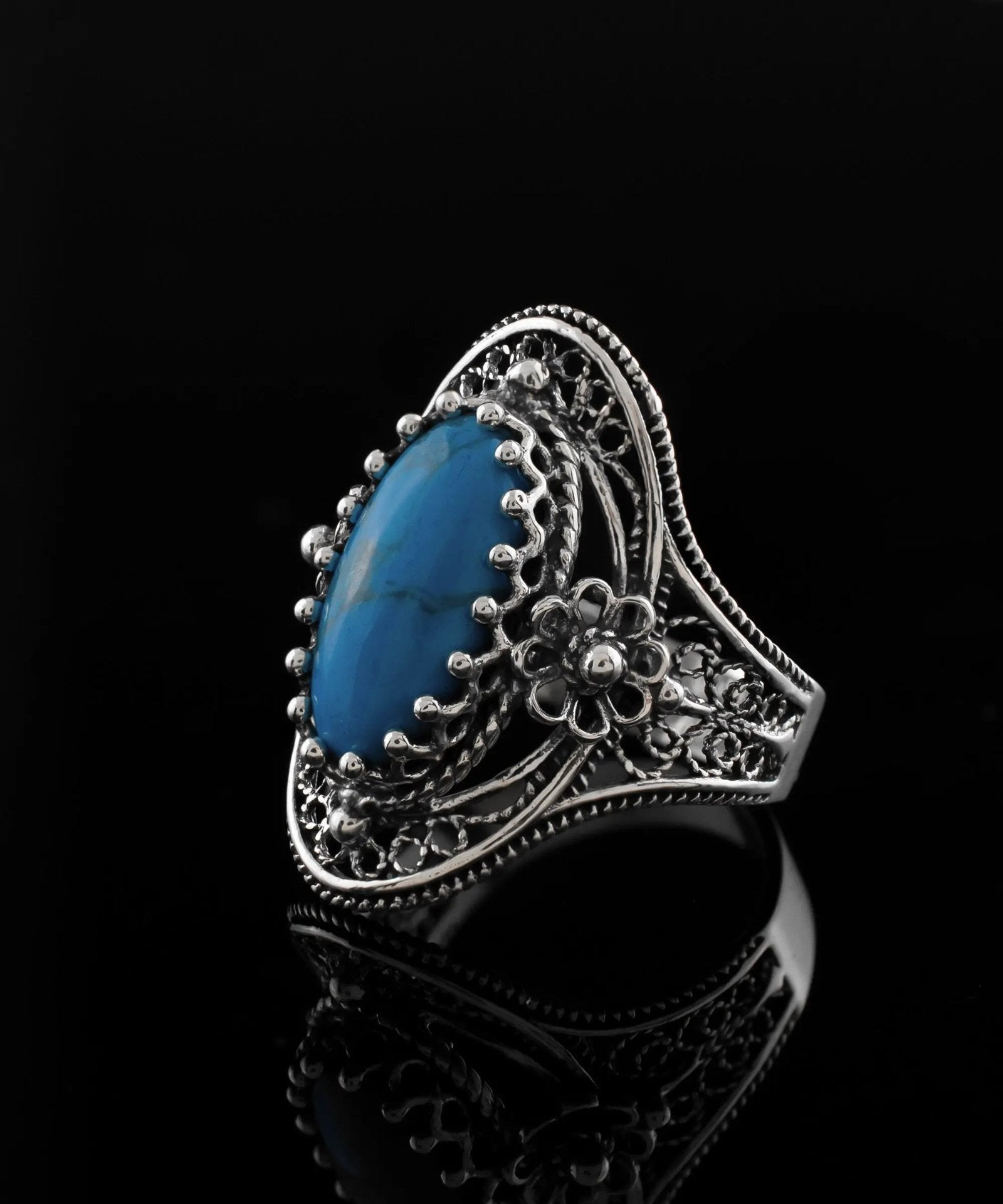 Turquoise Gemstone Sterling Silver Filigree Art Women Oval Statement Ring - Drakoi Marketplace