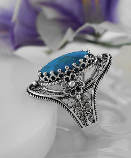 Turquoise Gemstone Sterling Silver Filigree Art Women Oval Statement Ring - Drakoi Marketplace