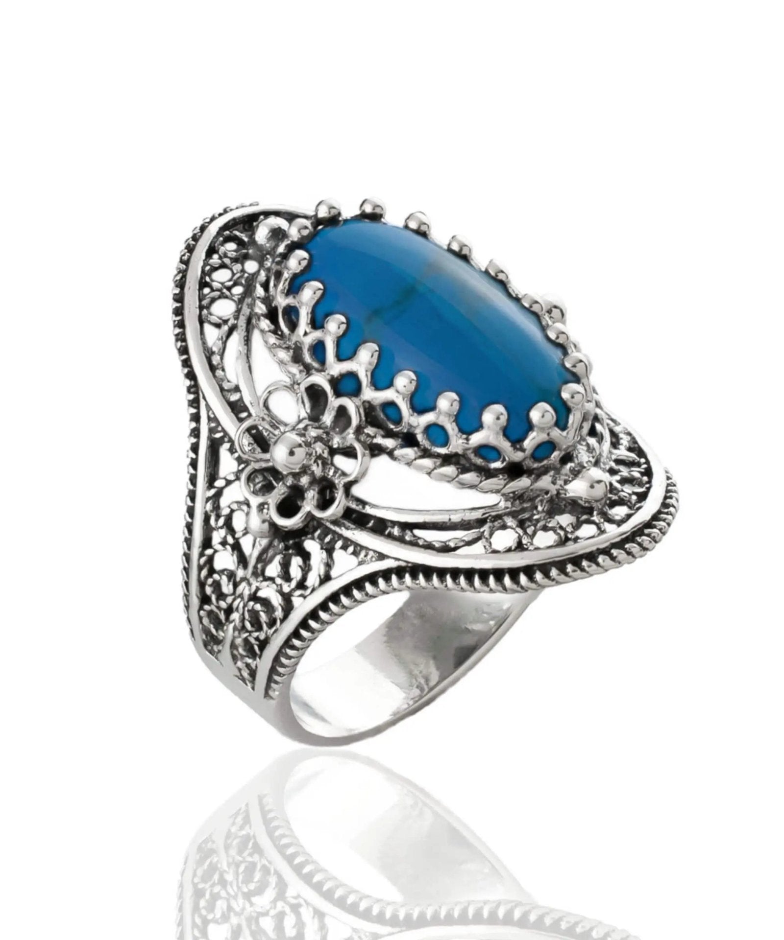 Turquoise Gemstone Sterling Silver Filigree Art Women Oval Statement Ring - Drakoi Marketplace