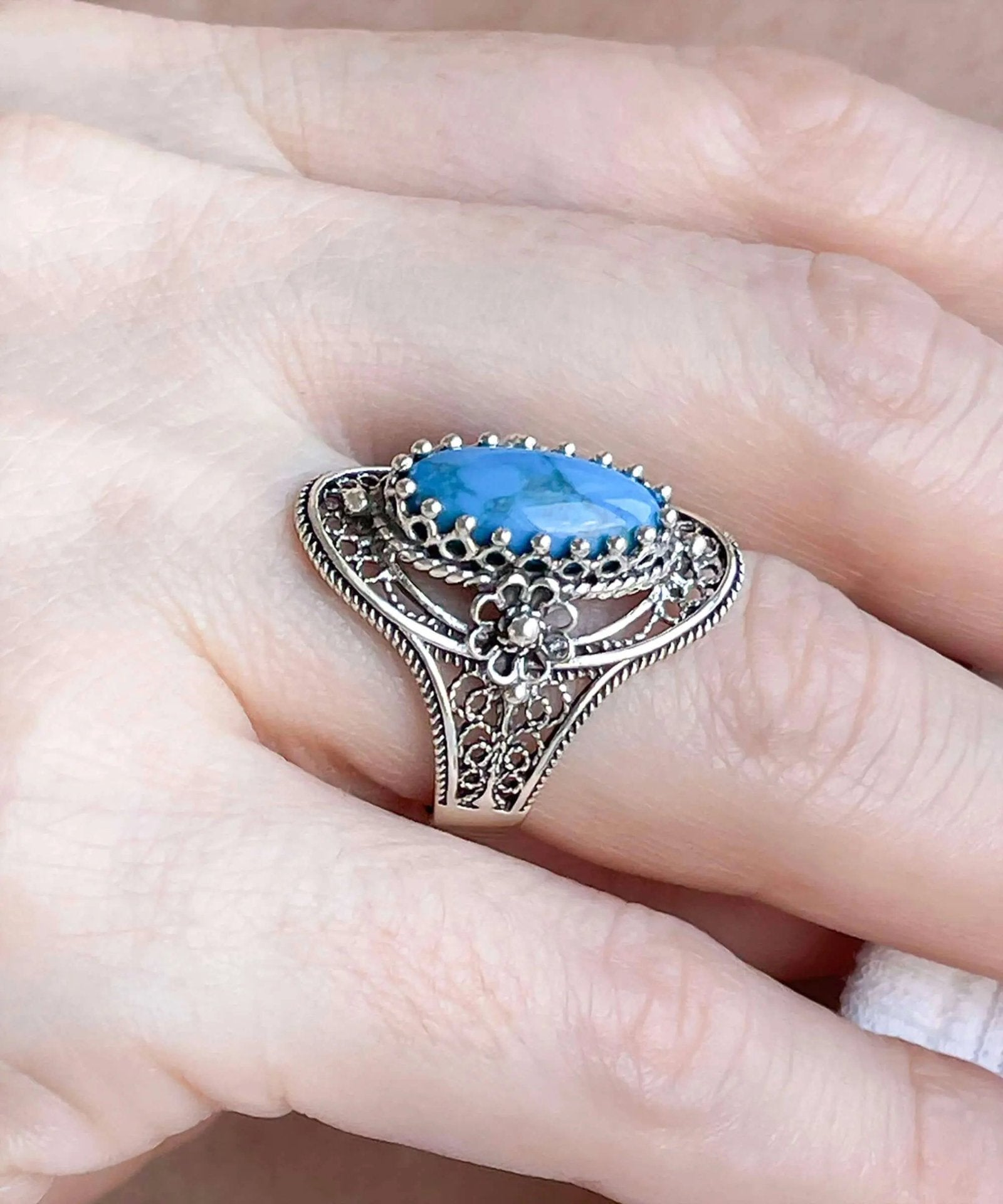 Turquoise Gemstone Sterling Silver Filigree Art Women Oval Statement Ring - Drakoi Marketplace