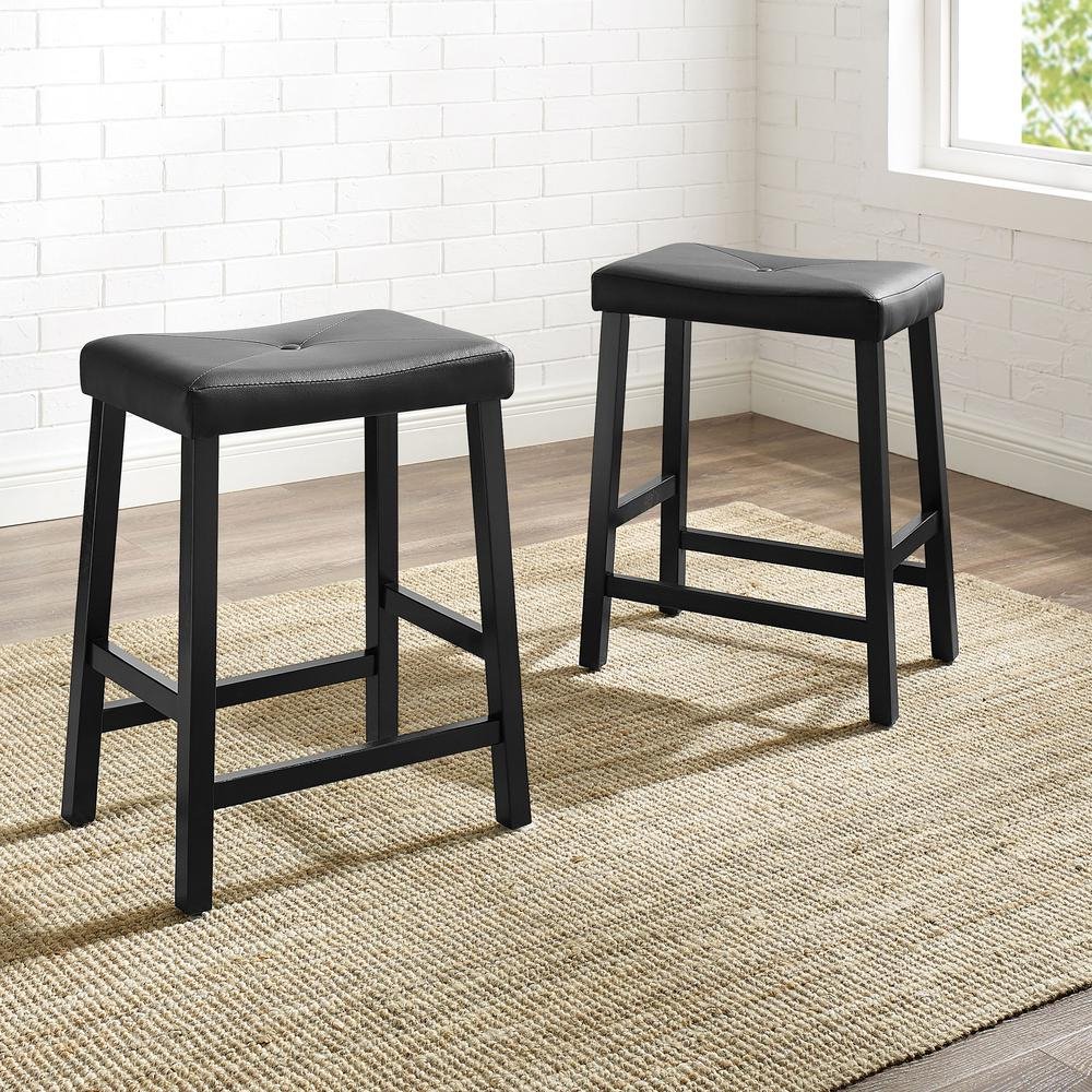 Upholstered Saddle Seat 2Pc Counter Stool Set Black/Black - 2 Stools - Drakoi Marketplace