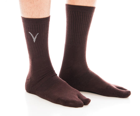 V-Toe Athletic Flip-Flop Tabi Big Toe Crew Socks - Brown Solid - Drakoi Marketplace