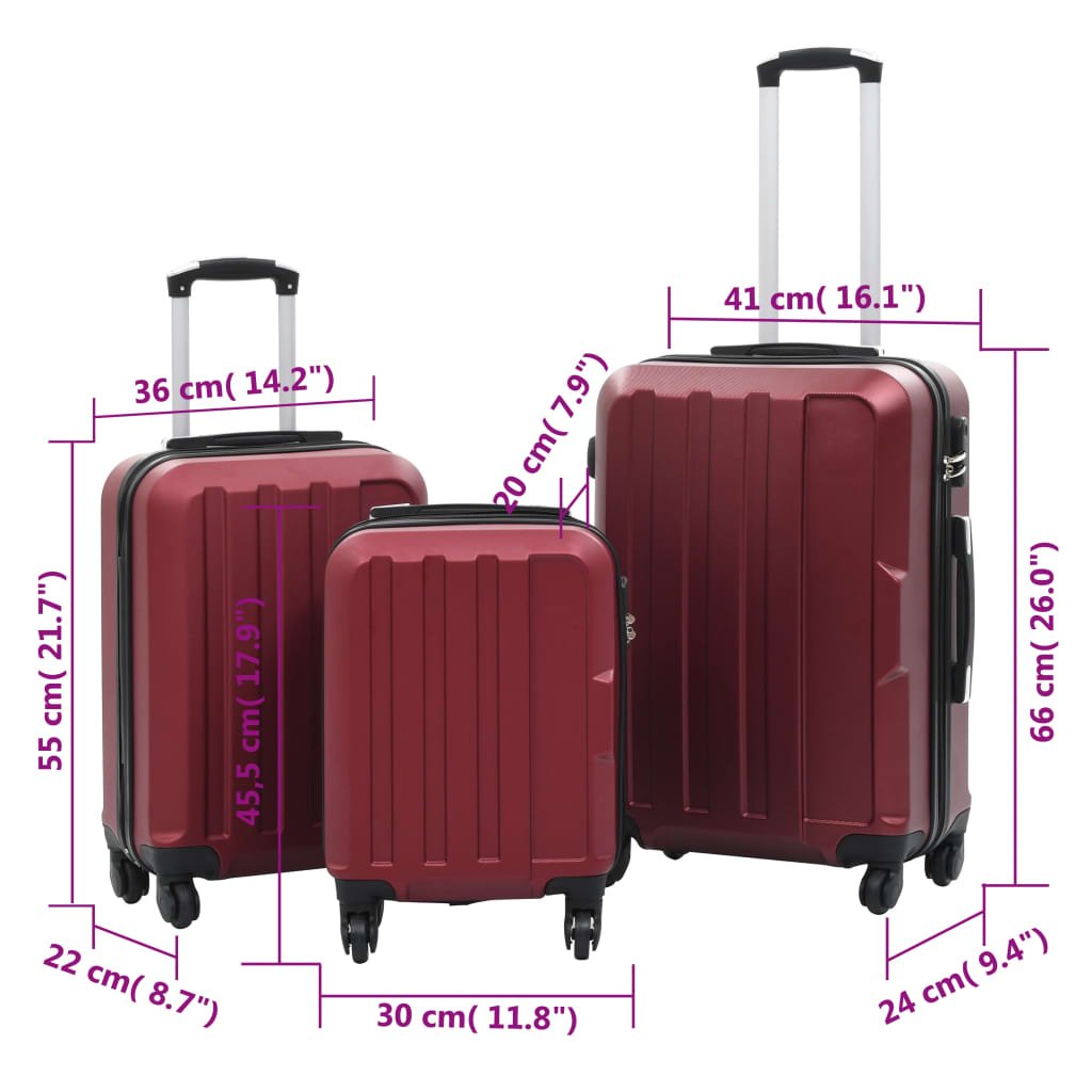 vidaXL Hardcase Trolley Set 3 pcs Wine Red ABS - Drakoi Marketplace