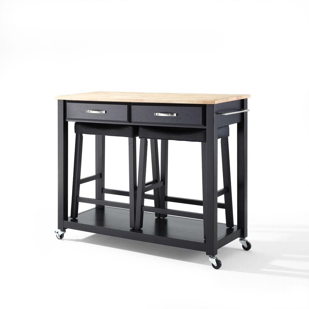 Wood Top Kitchen Prep Cart W/Uph Saddle Stools Black/Natural - Kitchen Island & 2 Counter Stools - Drakoi Marketplace