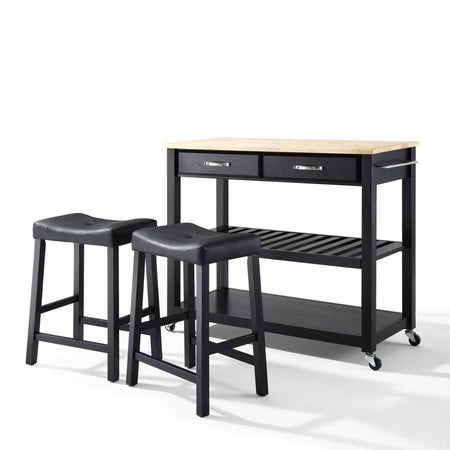 Wood Top Kitchen Prep Cart W/Uph Saddle Stools Black/Natural - Kitchen Island & 2 Counter Stools - Drakoi Marketplace