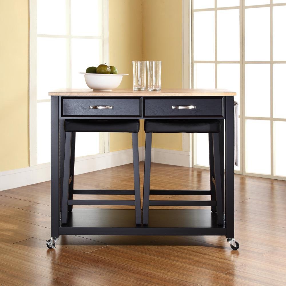 Wood Top Kitchen Prep Cart W/Uph Saddle Stools Black/Natural - Kitchen Island & 2 Counter Stools - Drakoi Marketplace