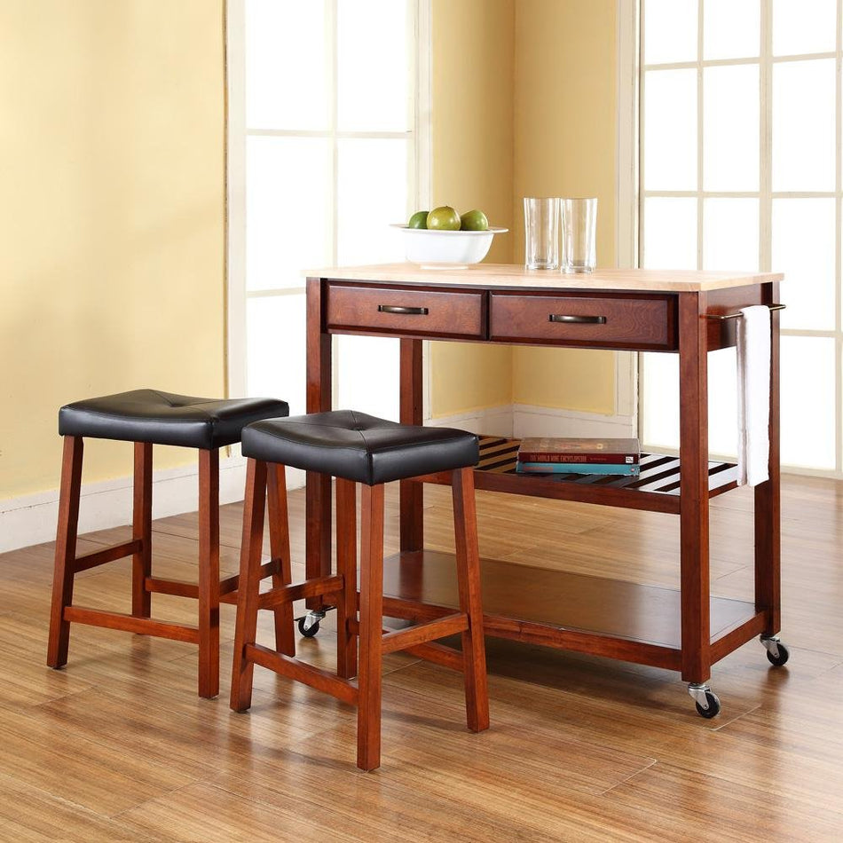 Wood Top Kitchen Prep Cart W/Uph Saddle Stools Cherry/Natural - Kitchen Island & 2 Counter Stools - Drakoi Marketplace