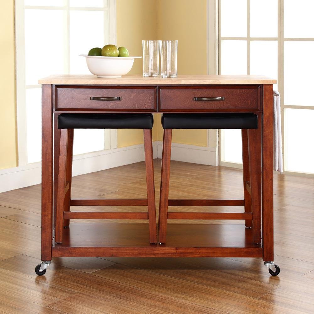 Wood Top Kitchen Prep Cart W/Uph Saddle Stools Cherry/Natural - Kitchen Island & 2 Counter Stools - Drakoi Marketplace