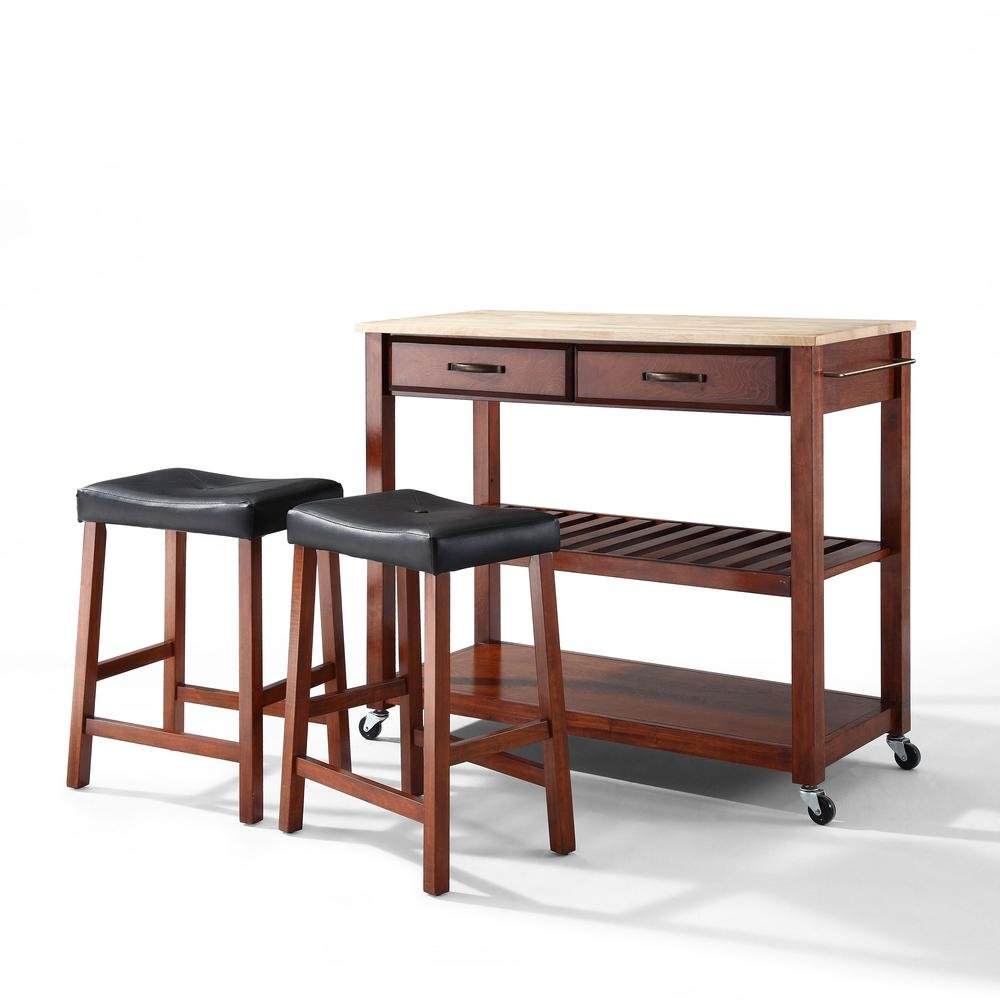 Wood Top Kitchen Prep Cart W/Uph Saddle Stools Cherry/Natural - Kitchen Island & 2 Counter Stools - Drakoi Marketplace