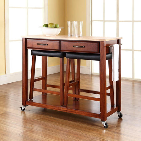 Wood Top Kitchen Prep Cart W/Uph Saddle Stools Cherry/Natural - Kitchen Island & 2 Counter Stools - Drakoi Marketplace