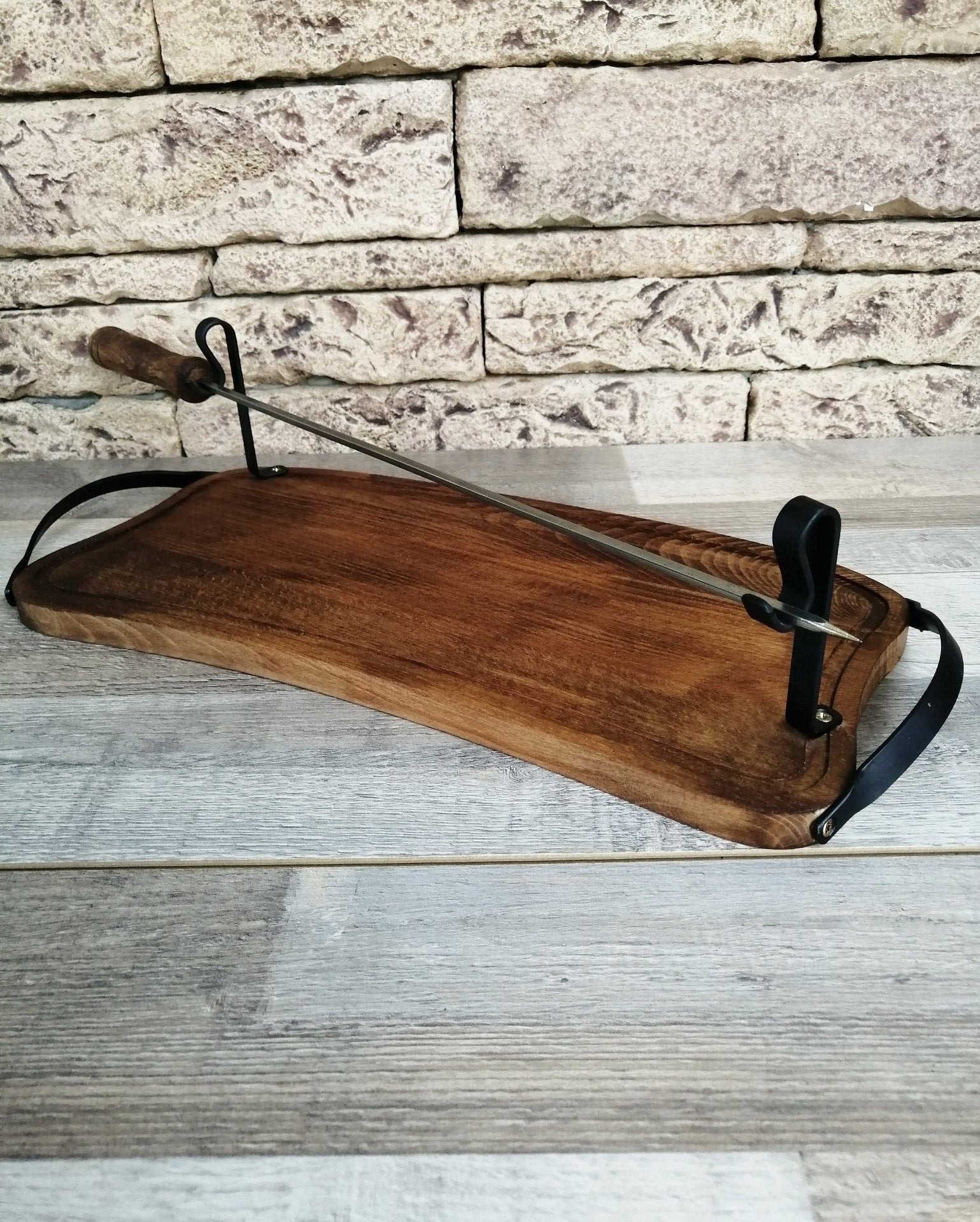 Wooden Tray with Handles for Barbecue, Iron Skewer with Wood Grip, Top Gift for Dad - Drakoi Marketplace